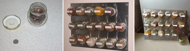 Magnetic spice jars against a steel board