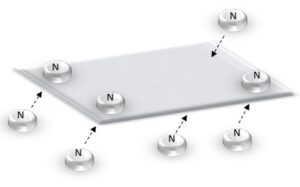 Diagram showing the configuration of magnets required to hold a race number on to a shirt.