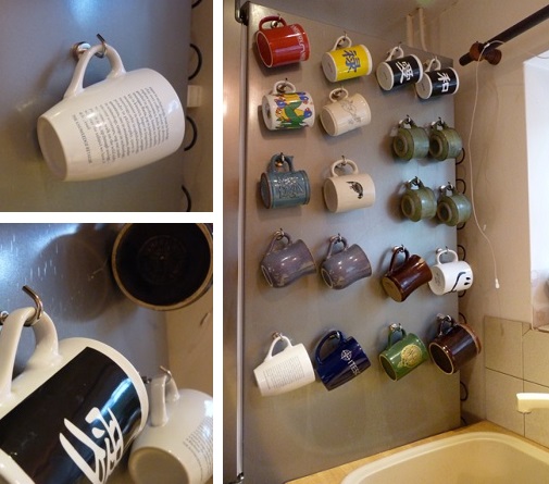 neodymium hook magnets used to hang 20 mugs to the side of a fridge.