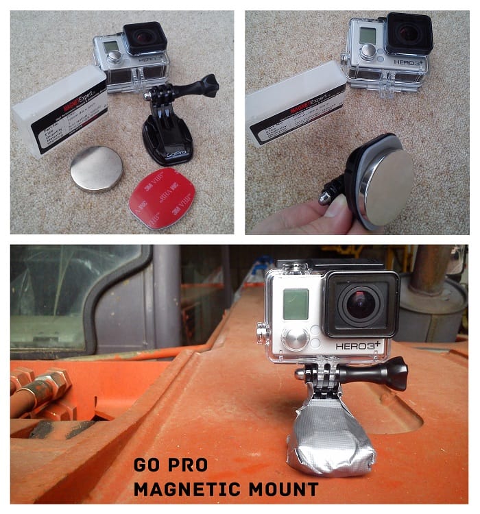 GoPro camera and mount with neodymium magnet for attaching to metal surfaces