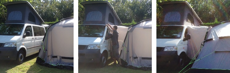 step-by-step photos showing an awning being attached to a VW Transporter using magnets