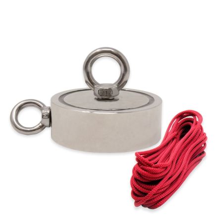 N42 Neodymium Pot Magnet with 1x M12 and 1x M10 Eyebolt + 32.8 feet Rope - 4-9/16 in. dia x 1-1/4 in. - 882lbs Pull