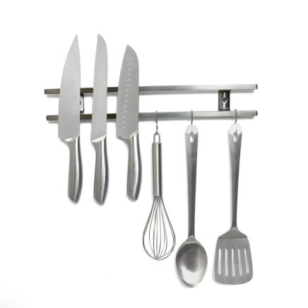 Magnetic Knife Rack With 5 Hook Attachments - Silver