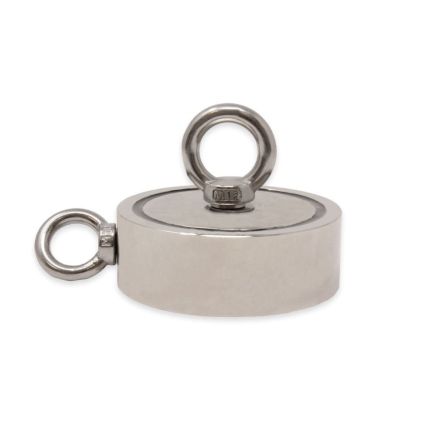 N42 Neodymium Pot Magnet with 1x M12 and 1x M10 Eyebolt - 4-9/16 in. dia x 1-1/4 in. - 882lbs Pull