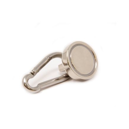 N42 Neodymium Pot Magnet with Carabiner - 1 in. dia - 50.71lbs Pull