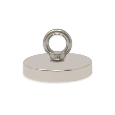 N42 Neodymium Pot Magnet with M12 Eyebolt - 4-9/16 in. dia x 13/16 in. - 882lbs Pull