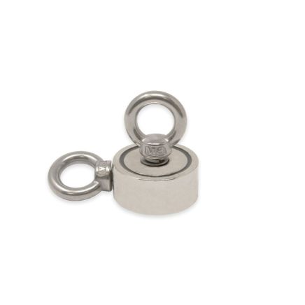 N42 Neodymium Pot Magnet with 2x M8 Eyebolts - 1-7/8 in. dia x 11/16 in. thick - 176.4lbs Pull